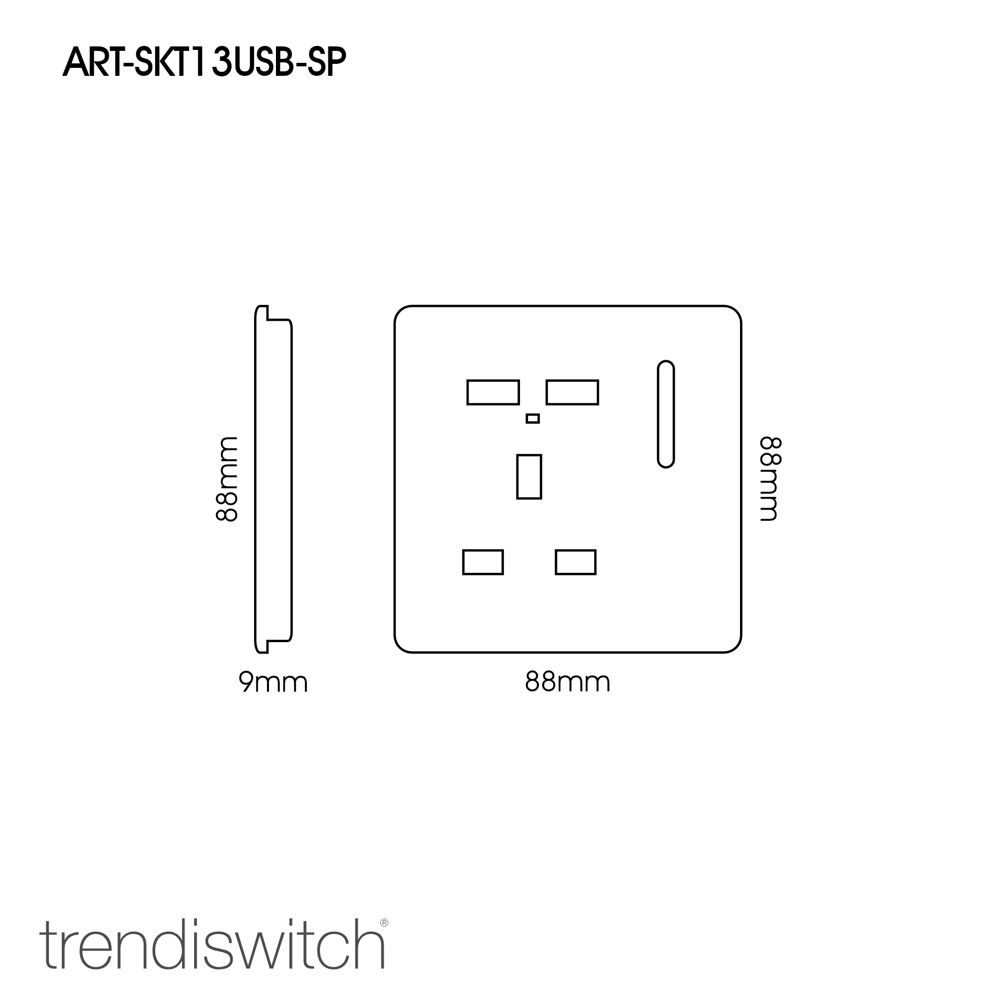 1 Gang Switched Single Socket 13A With 2 x USB-A 10W (Shared) With Neon Insert Matt Black ART-SKT13USBMBK  Trendi Matt Black
